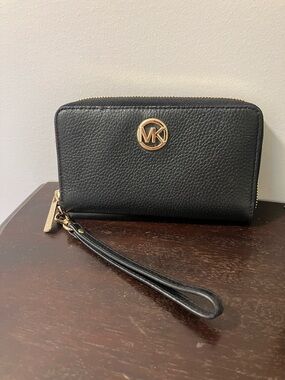 Michael Kors Black Wallet Wristlet with Gold Logo